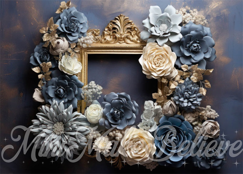 Kate Bleu Crème Fleurs Cadre doré Aquarelle Toile de fond conçue par Mini MakeBelieve - Kate Backdrop FR