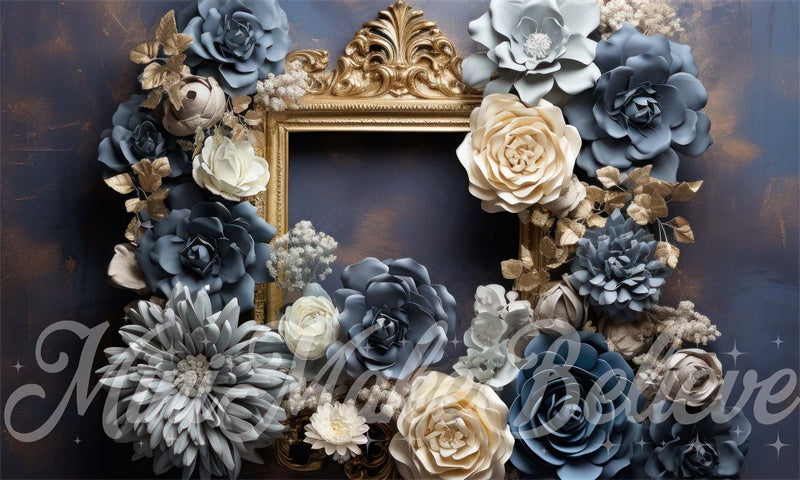 Kate Bleu Crème Fleurs Cadre doré Aquarelle Toile de fond conçue par Mini MakeBelieve - Kate Backdrop FR