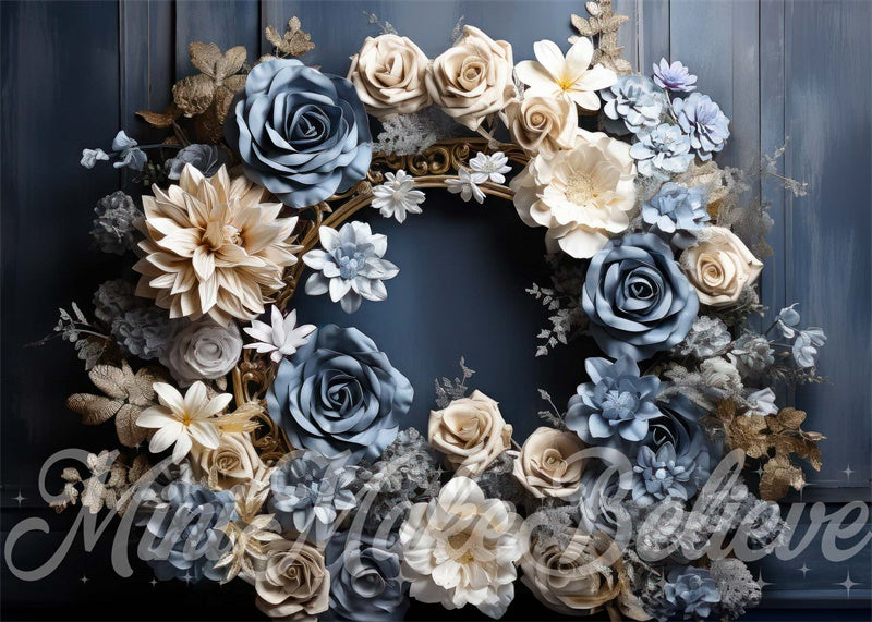 Kate Bleu Crème Fleurs Cadre doré Rustique Toile de fond conçue par Mini MakeBelieve - Kate Backdrop FR