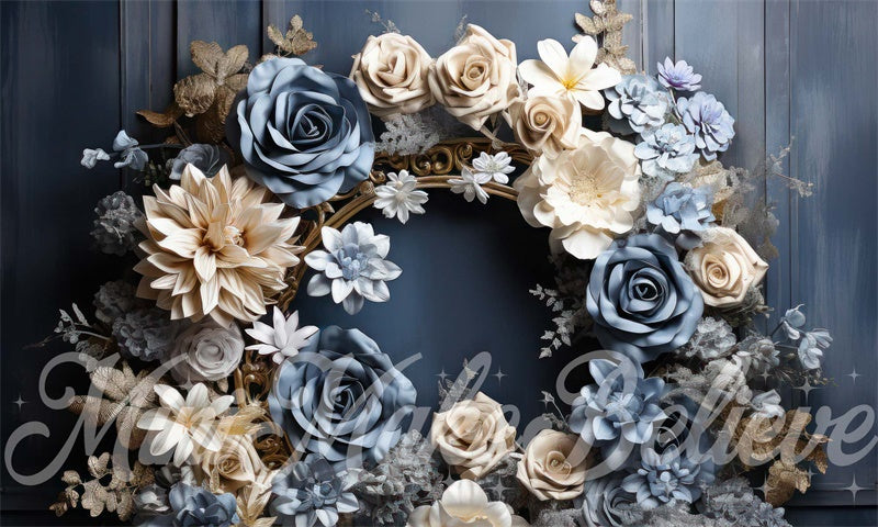 Kate Bleu Crème Fleurs Cadre doré Rustique Toile de fond conçue par Mini MakeBelieve - Kate Backdrop FR