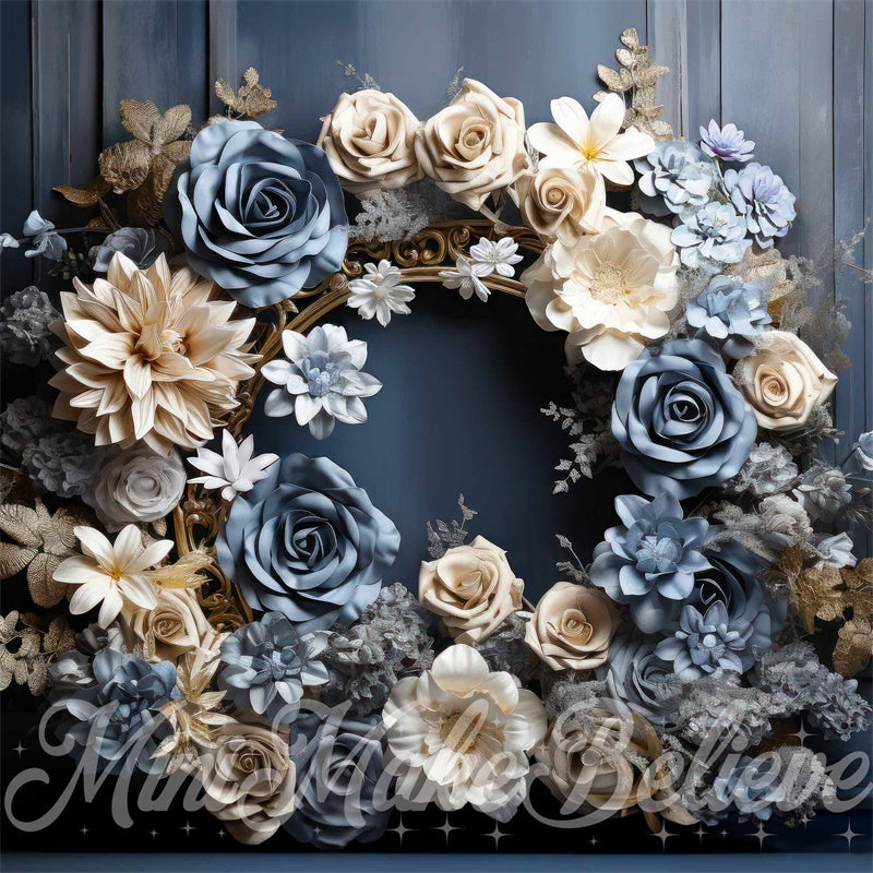 Kate Bleu Crème Fleurs Cadre doré Rustique Toile de fond conçue par Mini MakeBelieve - Kate Backdrop FR