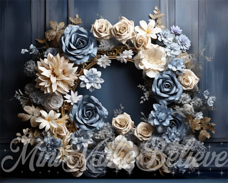 Kate Bleu Crème Fleurs Cadre doré Rustique Toile de fond conçue par Mini MakeBelieve - Kate Backdrop FR