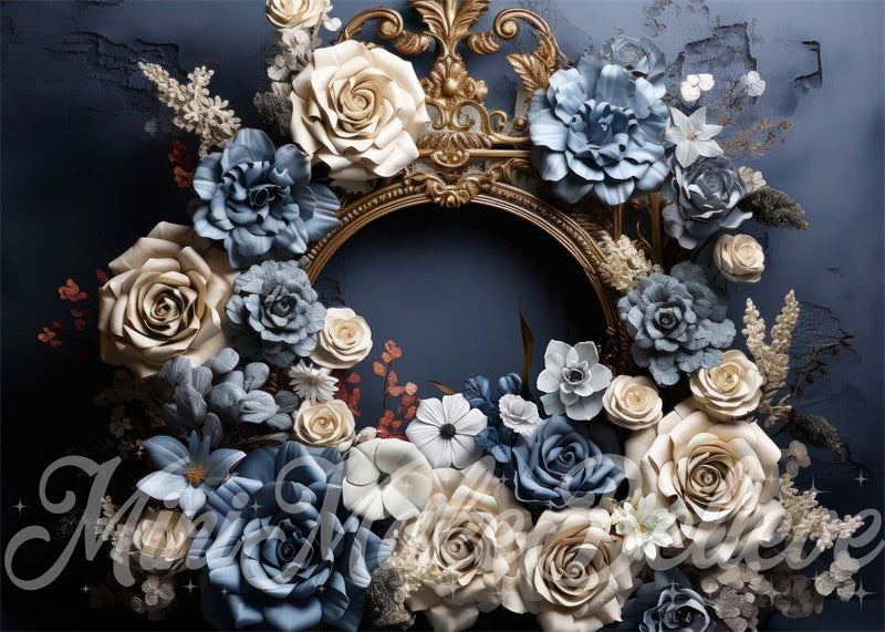 Kate Bleu Crème Fleurs Beaux-Arts Cadre doré Toile de fond conçue par Mini MakeBelieve - Kate Backdrop FR