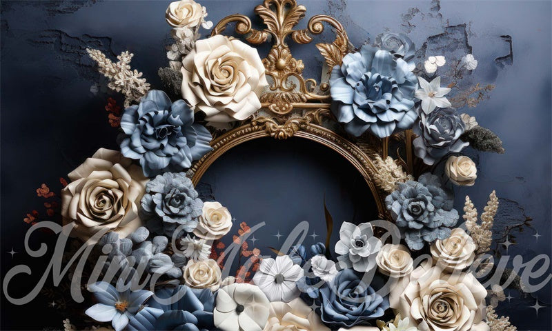 Kate Bleu Crème Fleurs Beaux-Arts Cadre doré Toile de fond conçue par Mini MakeBelieve - Kate Backdrop FR