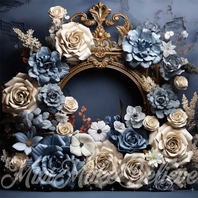 Kate Bleu Crème Fleurs Beaux-Arts Cadre doré Toile de fond conçue par Mini MakeBelieve - Kate Backdrop FR