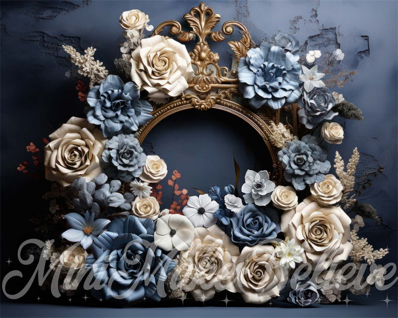 Kate Bleu Crème Fleurs Beaux-Arts Cadre doré Toile de fond conçue par Mini MakeBelieve - Kate Backdrop FR