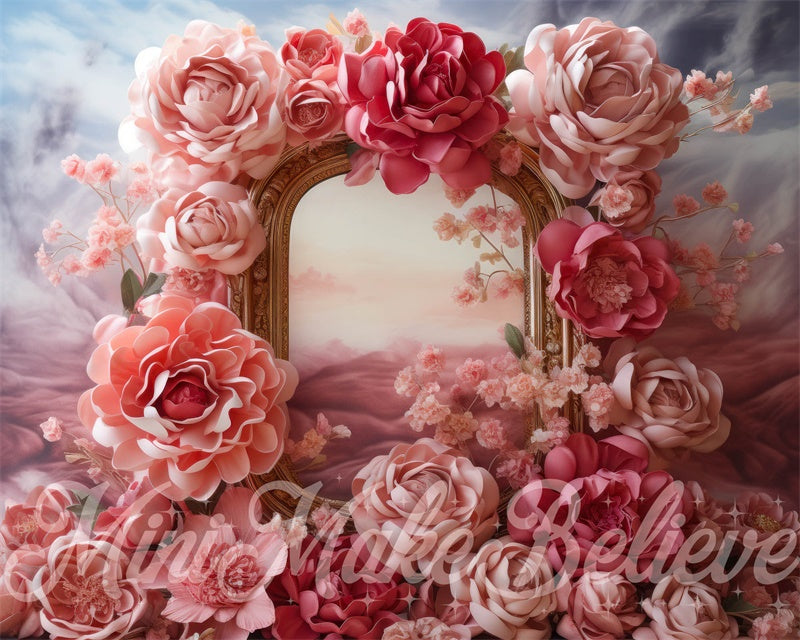 Kate Fleurs roses Cadre doré Anniversaire Toile de fond conçue par Mini MakeBelieve - Kate Backdrop FR