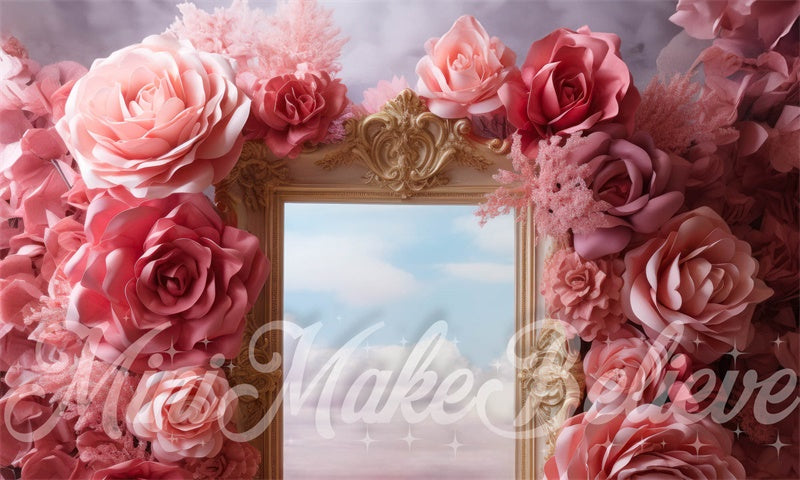Kate Fleurs Rose Nuage Cadre doré Cake smash Toile de fond conçue par Mini MakeBelieve