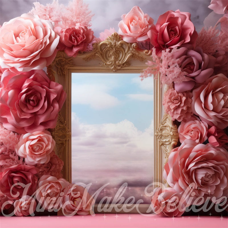 Kate Fleurs Rose Nuage Cadre doré Cake smash Toile de fond conçue par Mini MakeBelieve