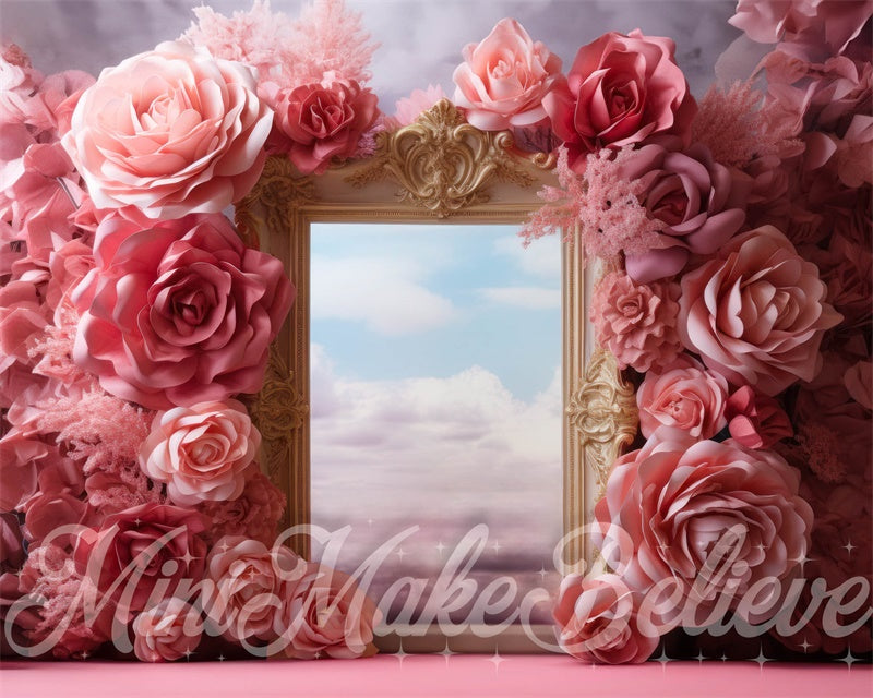 Kate Fleurs Rose Nuage Cadre doré Cake smash Toile de fond conçue par Mini MakeBelieve