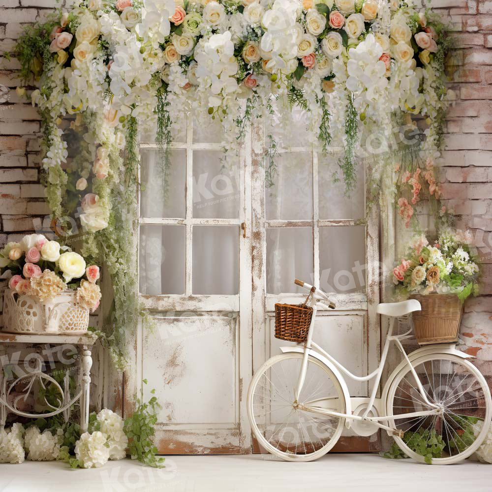 Kate Printemps Fleurs Blanc Vieille porte Vélo Toile de fond conçue par Emetselch - Kate Backdrop FR