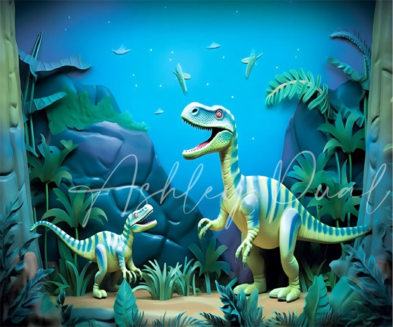 Kate Bleu Dinosaure Aventure Dessin animé Toile de fond conçu par Ashley Paul - Kate Backdrop FR