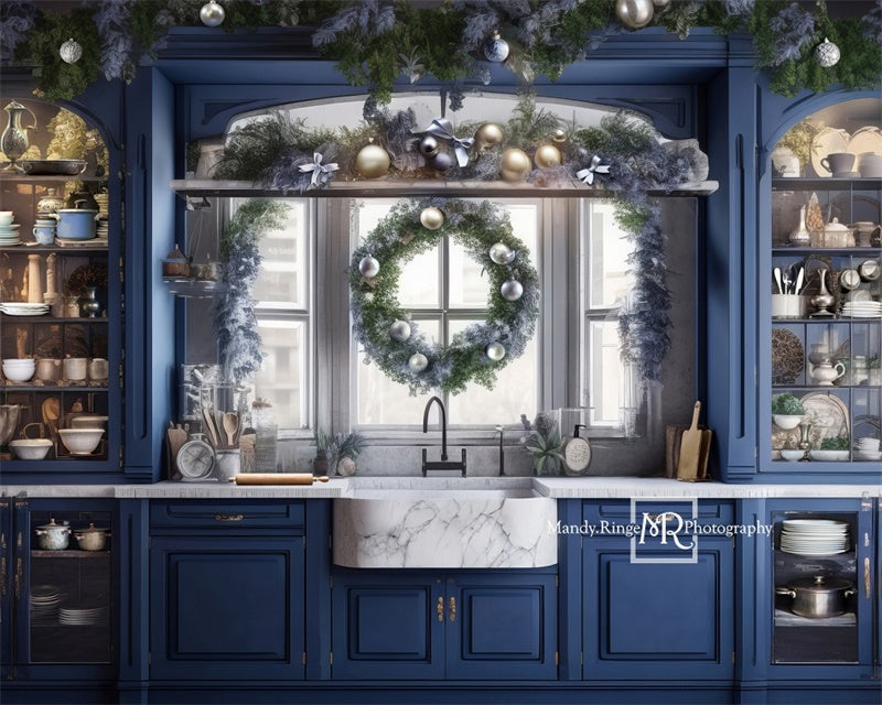 Kate Bleu & Argent Cuisine Noël Toile de fond conçue par Mandy Ringe - Kate Backdrop FR