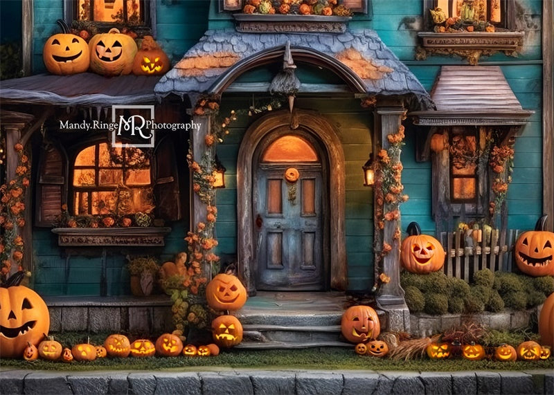 Kate Citrouille Halloween Maison Jaune Toile de fond conçue par Mandy Ringe - Kate Backdrop FR
