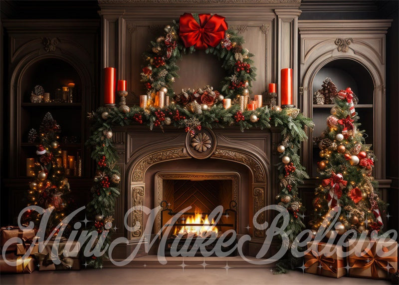 Kate Luxe Hiver Noël Cheminée Arbres Couronne Toile de fond conçue par Mini MakeBelieve - Kate Backdrop FR