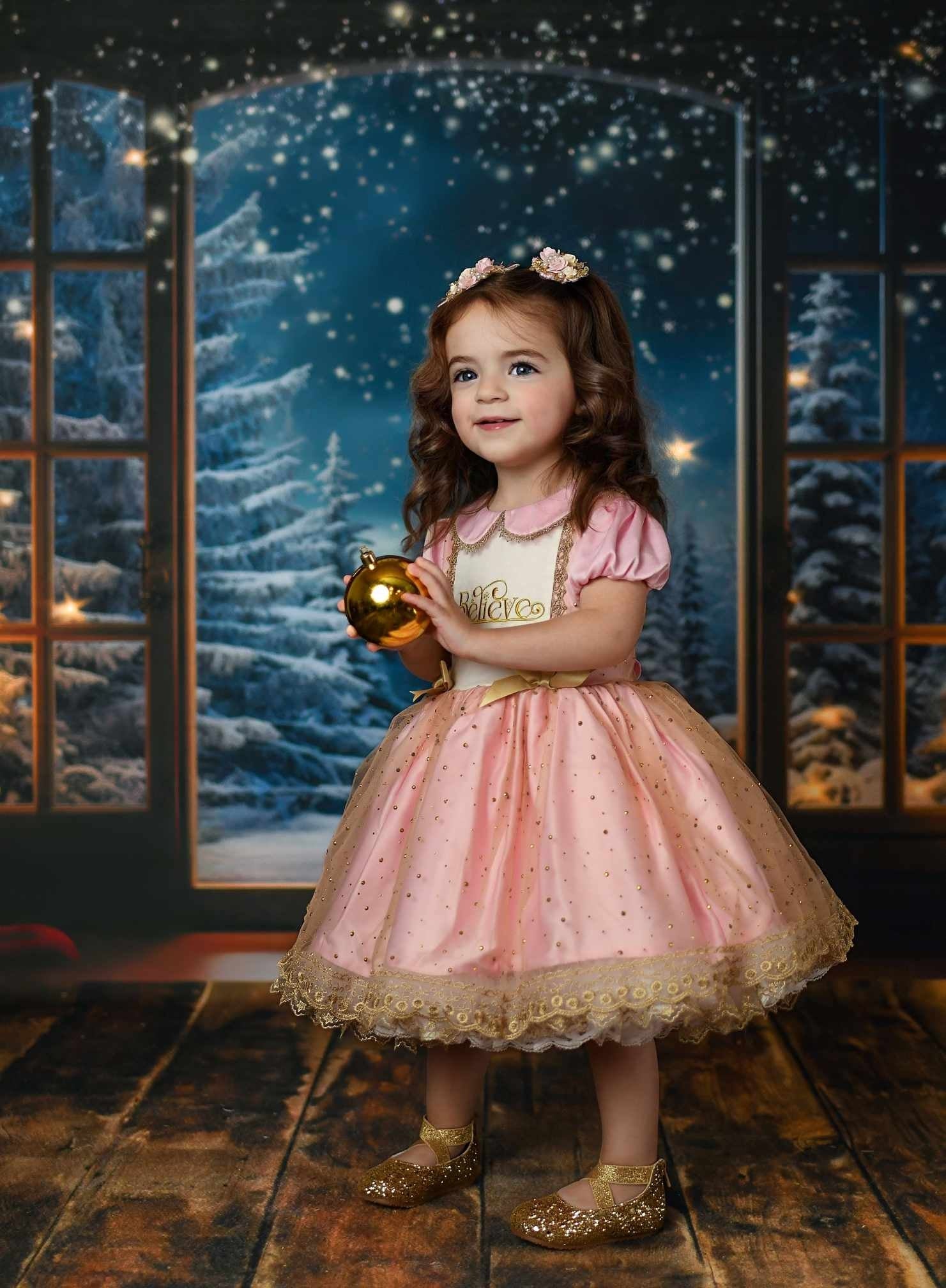 Kate Hiver Noël Arbres Neige Fenêtre Points dorés Toile de fond conçue par Mini MakeBelieve - Kate Backdrop FR