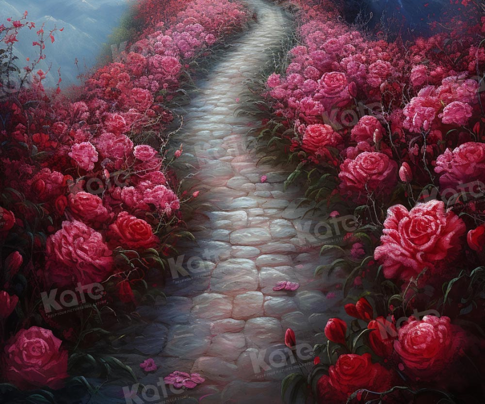 Kate Un Chemin couvert de Roses Rouges Toile de fond pour la photographie