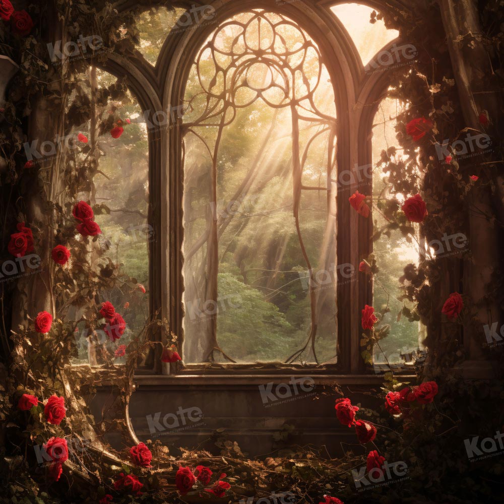 Kate Saint Valentin Église Roses Fenêtre Toile de fond pour la photographie - Kate Backdrop FR