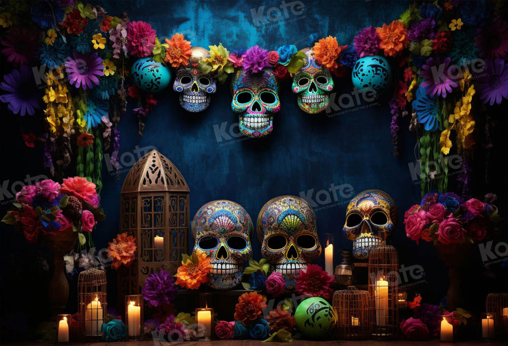 Kate Halloween Crâne Coloré Fleurs Toile de fond pour la photographie - Kate Backdrop FR