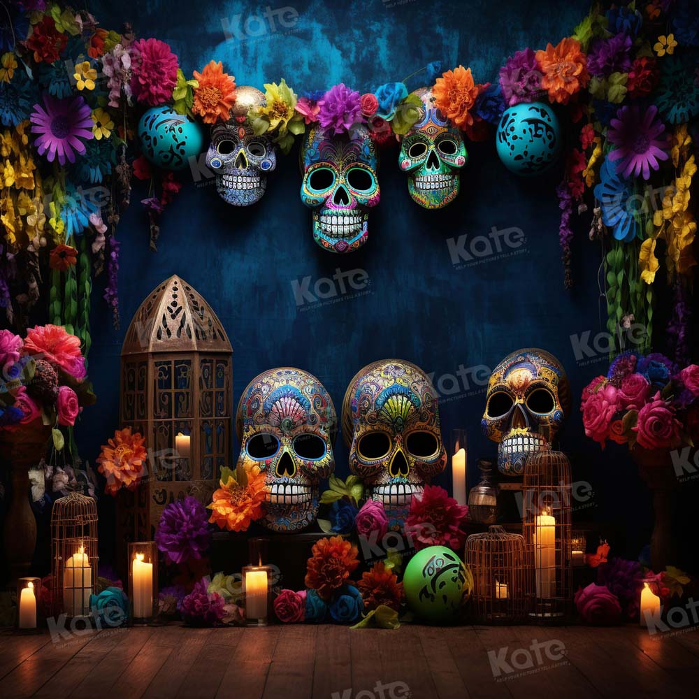 Kate Halloween Crâne Coloré Fleurs Toile de fond pour la photographie - Kate Backdrop FR