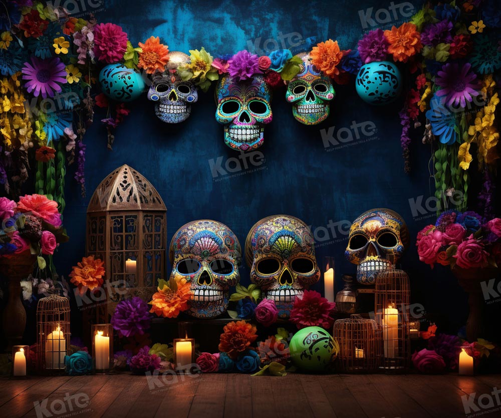 Kate Halloween Crâne Coloré Fleurs Toile de fond pour la photographie - Kate Backdrop FR