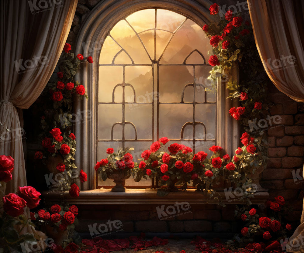 Kate Saint Valentin Roses Chambre Fenêtre Toile de fond pour la photographie - Kate Backdrop FR