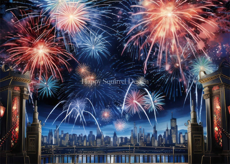 Kate Ville Nouvelle année Feux d'artifice Toile de fond Conçu par Happy Squirrel Design - Kate Backdrop FR