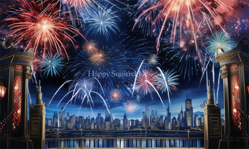 Kate Ville Nouvelle année Feux d'artifice Toile de fond Conçu par Happy Squirrel Design - Kate Backdrop FR