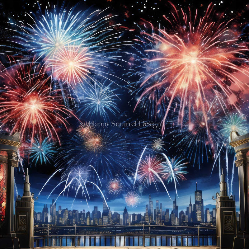 Kate Ville Nouvelle année Feux d'artifice Toile de fond Conçu par Happy Squirrel Design - Kate Backdrop FR