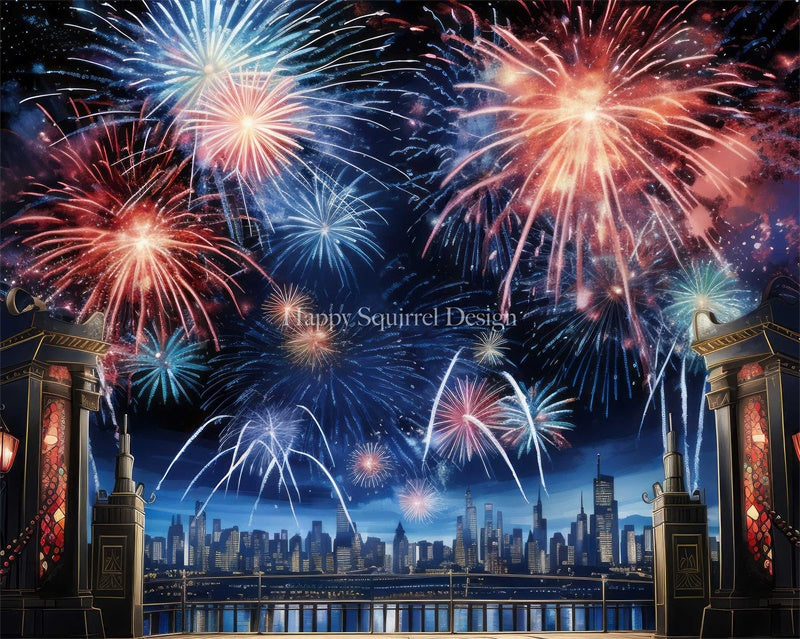 Kate Ville Nouvelle année Feux d'artifice Toile de fond Conçu par Happy Squirrel Design - Kate Backdrop FR