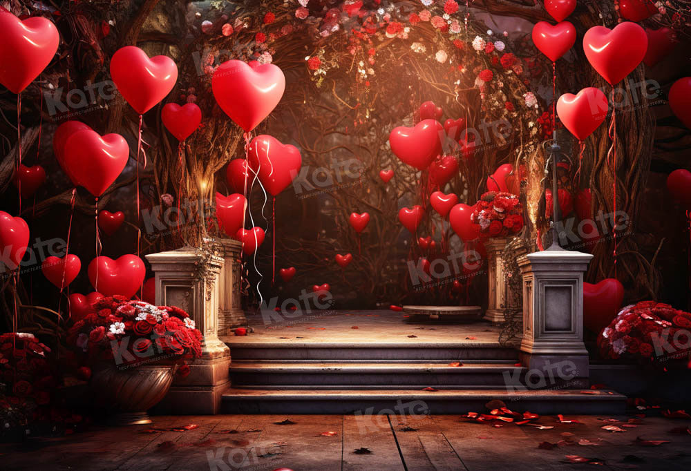 Kate Saint Valentin Ballons Fleurs Escaliers Toile de fond pour la photographie - Kate Backdrop FR