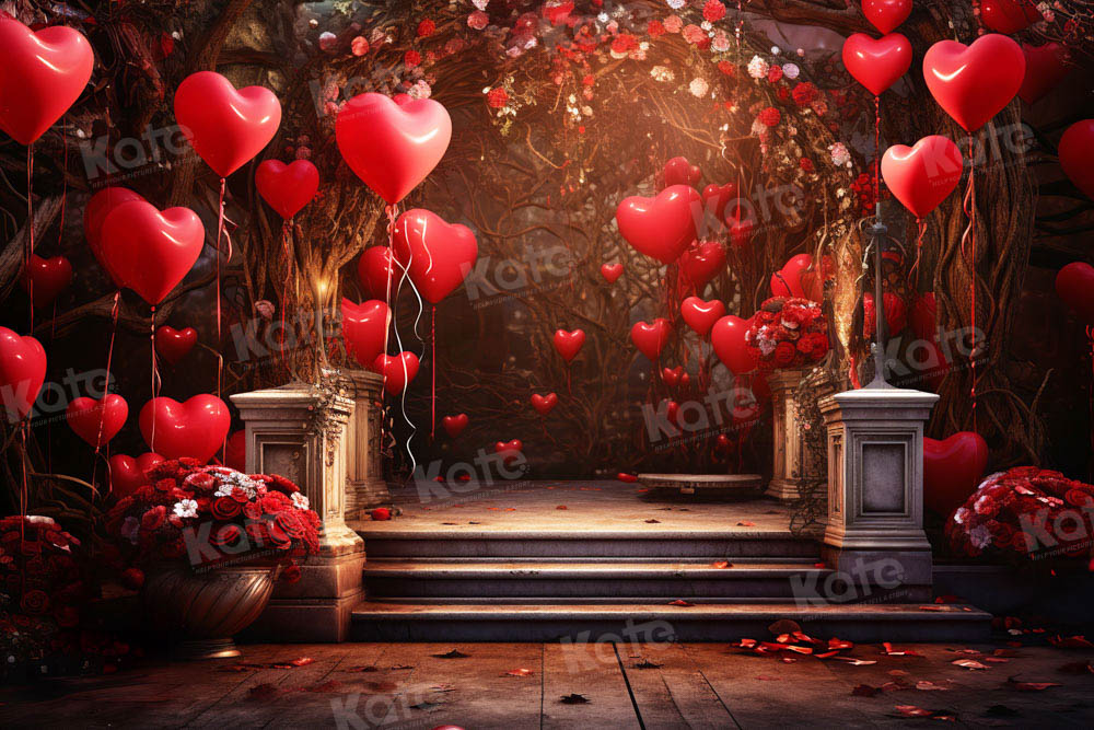 Kate Saint Valentin Ballons Fleurs Escaliers Toile de fond pour la photographie - Kate Backdrop FR