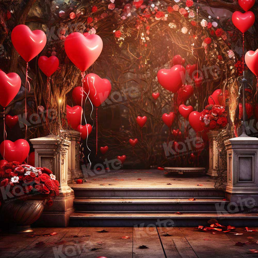 Kate Saint Valentin Ballons Fleurs Escaliers Toile de fond pour la photographie - Kate Backdrop FR