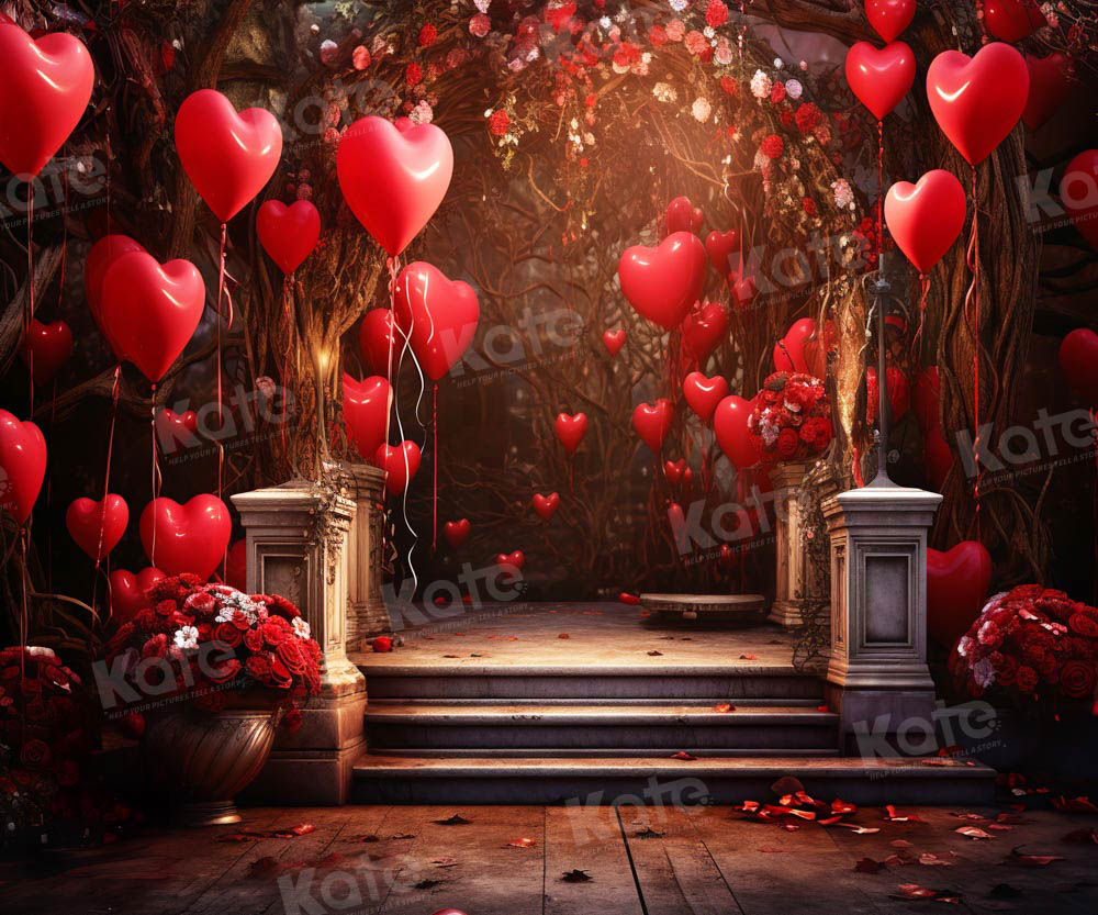 Kate Saint Valentin Ballons Fleurs Escaliers Toile de fond pour la photographie - Kate Backdrop FR