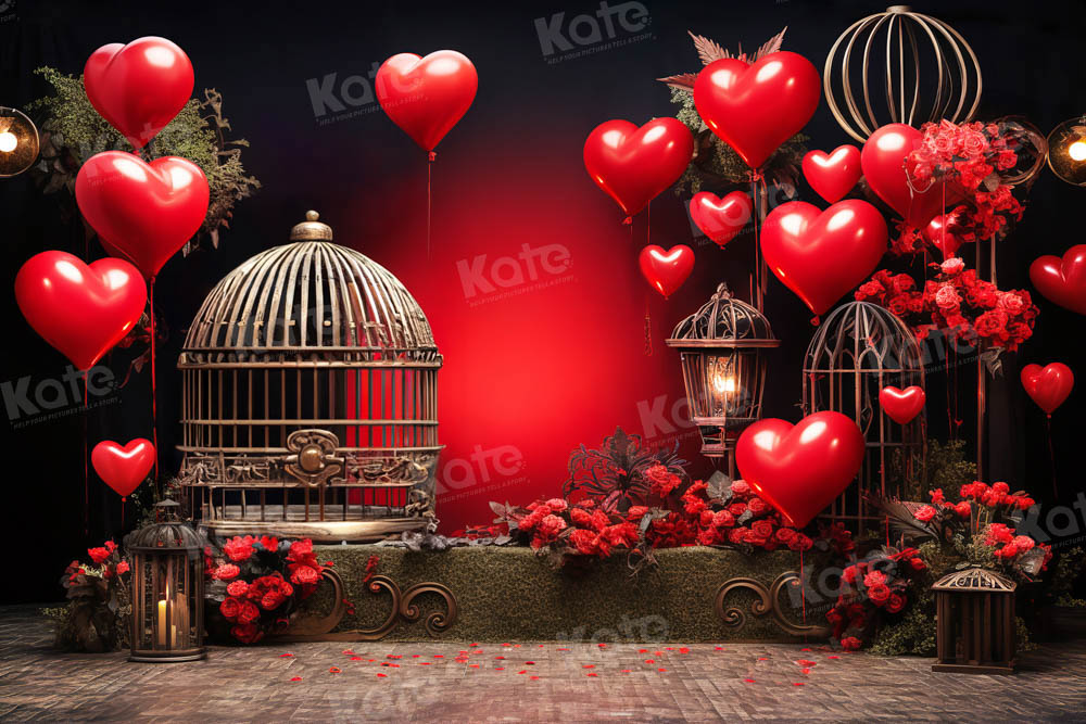 Kate Saint Valentin Ballons Cage à oiseaux Rouge Toile de fond pour la photographie - Kate Backdrop FR
