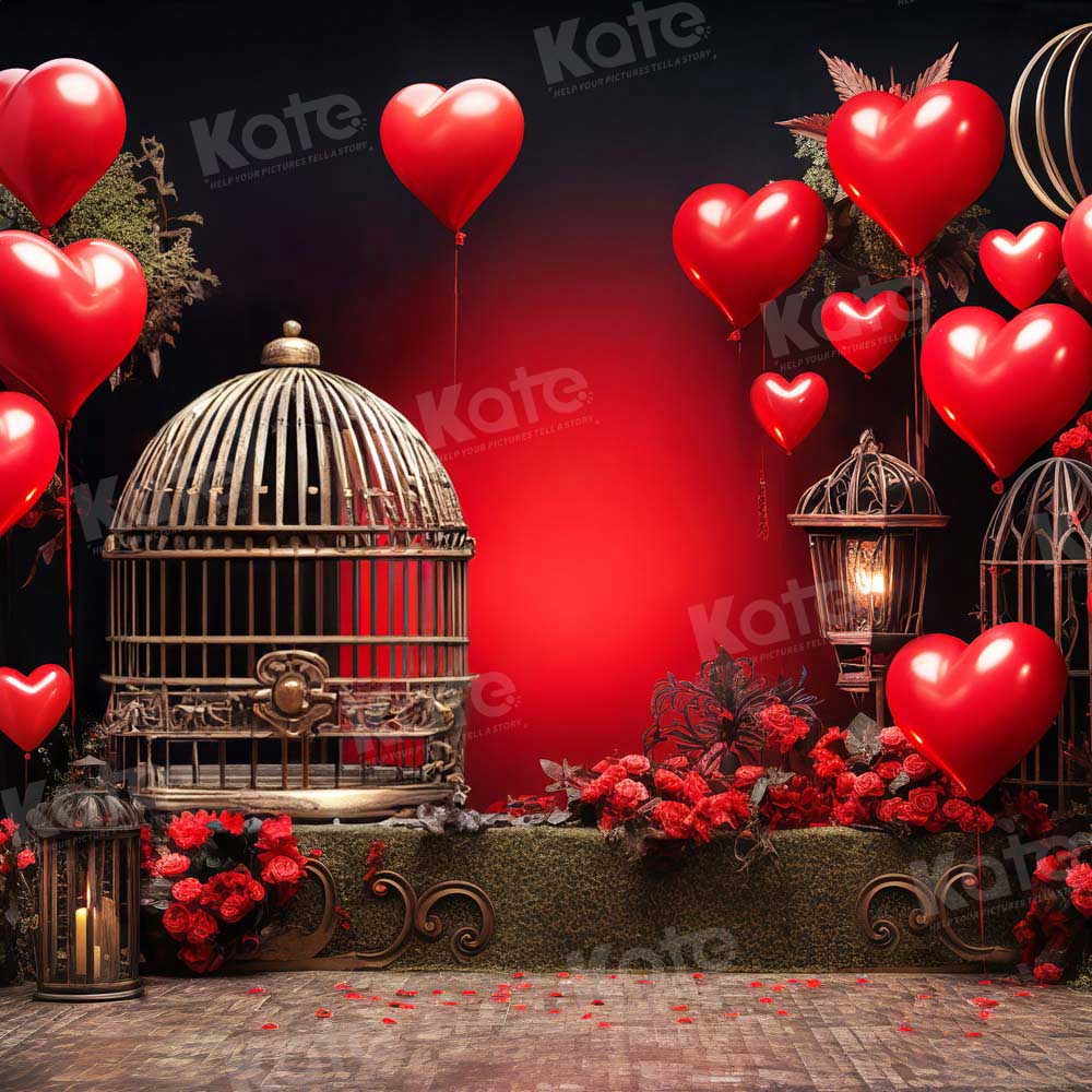 Kate Saint Valentin Ballons Cage à oiseaux Rouge Toile de fond pour la photographie - Kate Backdrop FR
