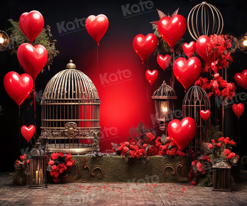 Kate Saint Valentin Ballons Cage à oiseaux Rouge Toile de fond pour la photographie - Kate Backdrop FR