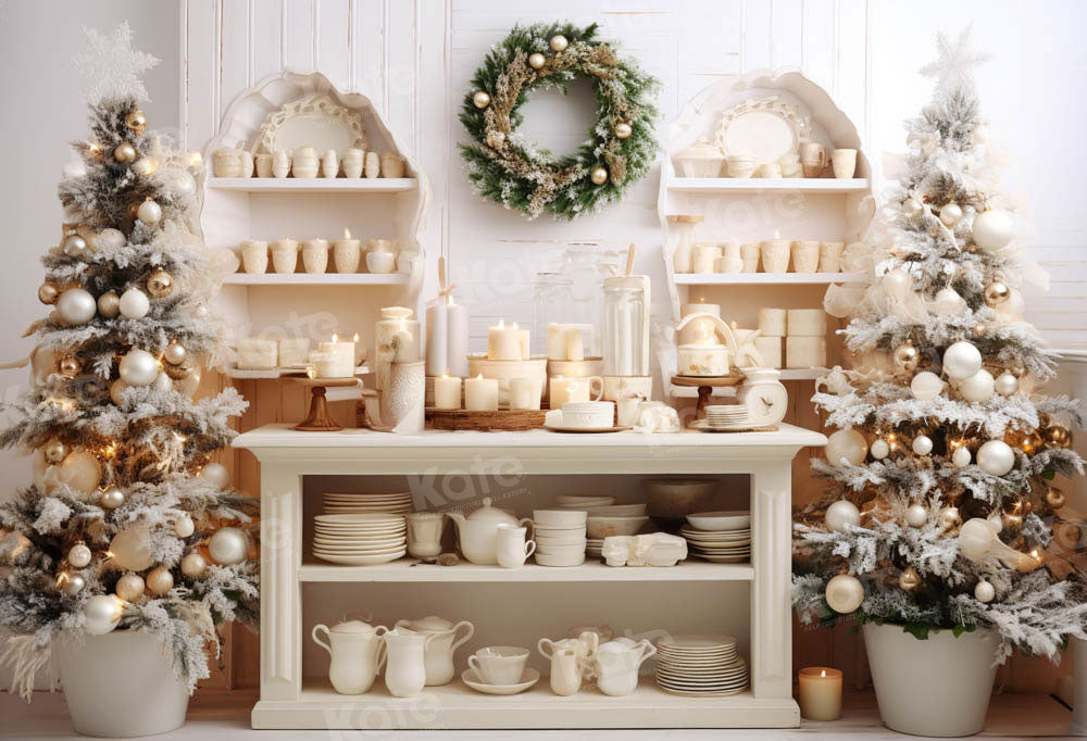 Kate Sapin de Noël Blanc Cuisine Plats Toile de fond conçue par Emetselch - Kate Backdrop FR
