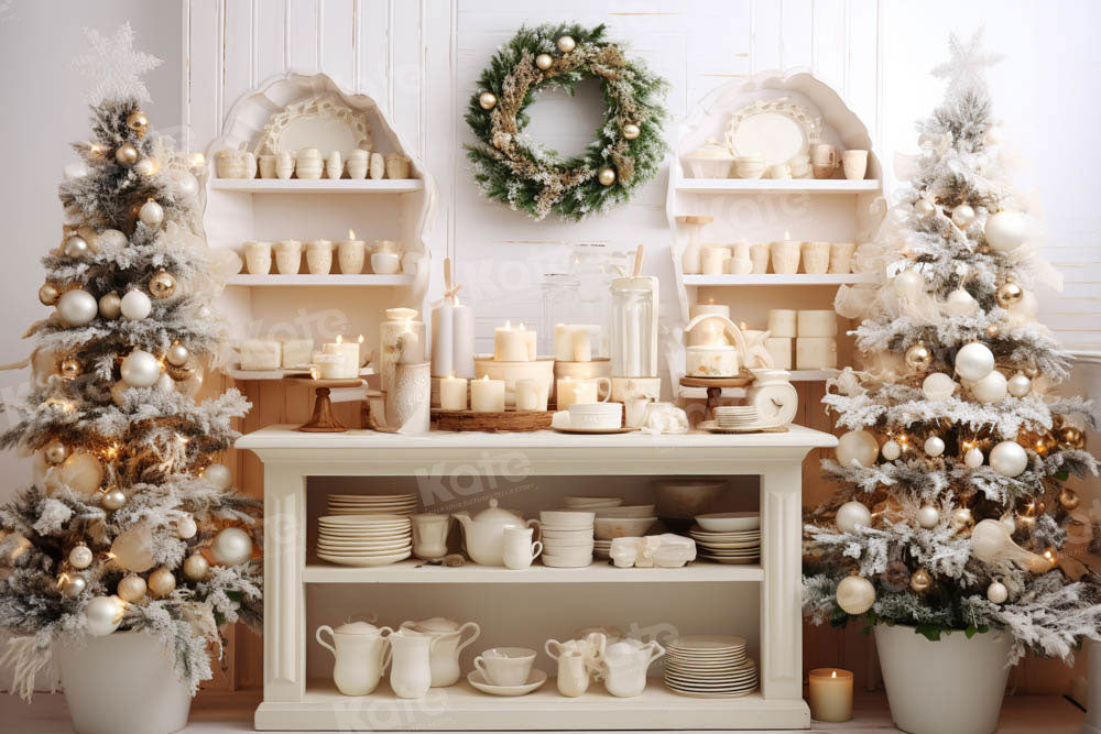 Kate Sapin de Noël Blanc Cuisine Plats Toile de fond conçue par Emetselch - Kate Backdrop FR