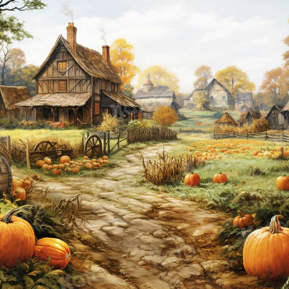 Kate Automne Citrouille Prairie Maison Toile de fond pour la photographie - Kate Backdrop FR