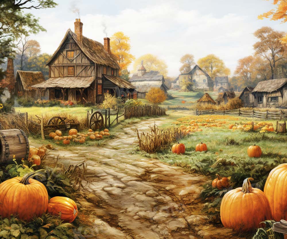 Kate Automne Citrouille Prairie Maison Toile de fond pour la photographie - Kate Backdrop FR