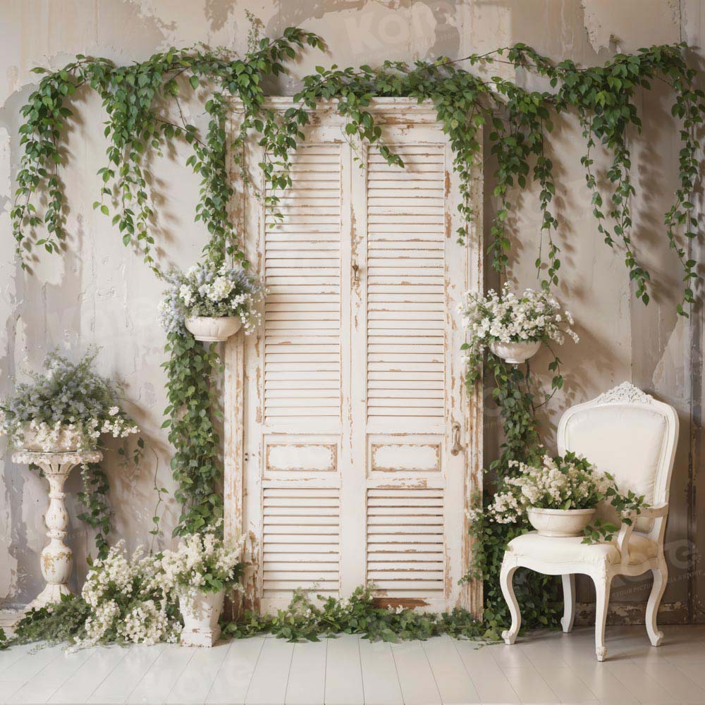 Kate Printemps Mur Blanc Plantes vertes Toile de fond conçue par Emetselch - Kate Backdrop FR