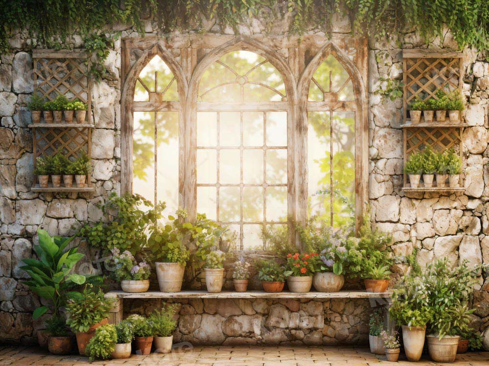 Kate Printemps Plantes Vert Ensoleillé Fenêtre Toile de fond conçue par Chain Photographie