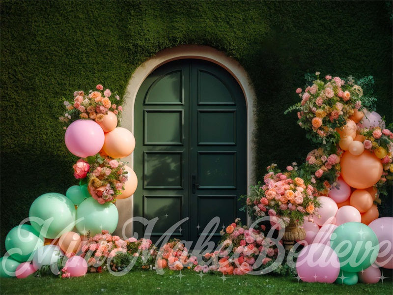 Kate Extérieur Porte Herbe Ballons Fête Toile de fond conçue par Mini MakeBelieve