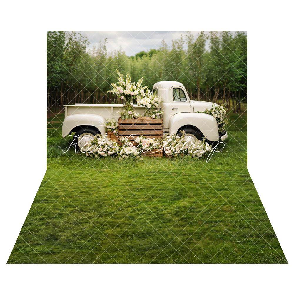 Kate Printemps Blanc Fleurs Camion Toile de fond+Printemps Herbe Sol Toile de fond