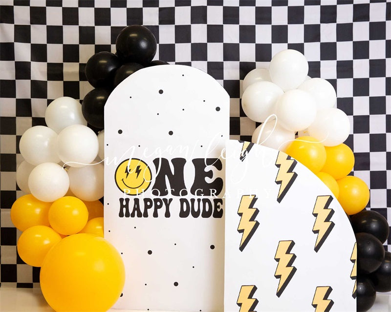 Kate Carrés noirs et blancs Ballons Enfant Toile de fond conçue par Megan Leigh - Kate Backdrop FR