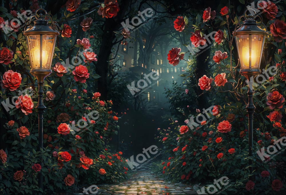 Kate Jardin des Roses Lampadaire Nuit Chemin Toile de fond conçue par Chain Photographie - Kate Backdrop FR