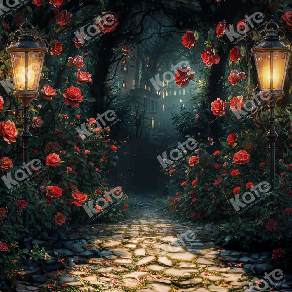 Kate Jardin des Roses Lampadaire Nuit Chemin Toile de fond conçue par Chain Photographie - Kate Backdrop FR