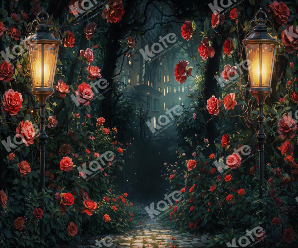 Kate Jardin des Roses Lampadaire Nuit Chemin Toile de fond conçue par Chain Photographie - Kate Backdrop FR