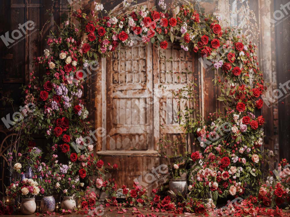 Kate Saint Valentin Roses Rouge Porte en bois Toile de fond conçue par Emetselch - Kate Backdrop FR